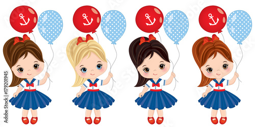 Vector Cute Little Girls Dressed in Nautical Style with Balloons
