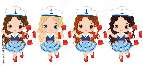 Vector Cute Little Girls Dressed in Nautical Style with Buoys