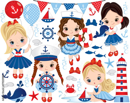 Vector Set with Cute Little Girls Dressed in Nautical Style and Marine Animals and Objects