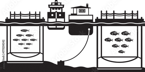 Sea cage fish farming - vector illustration