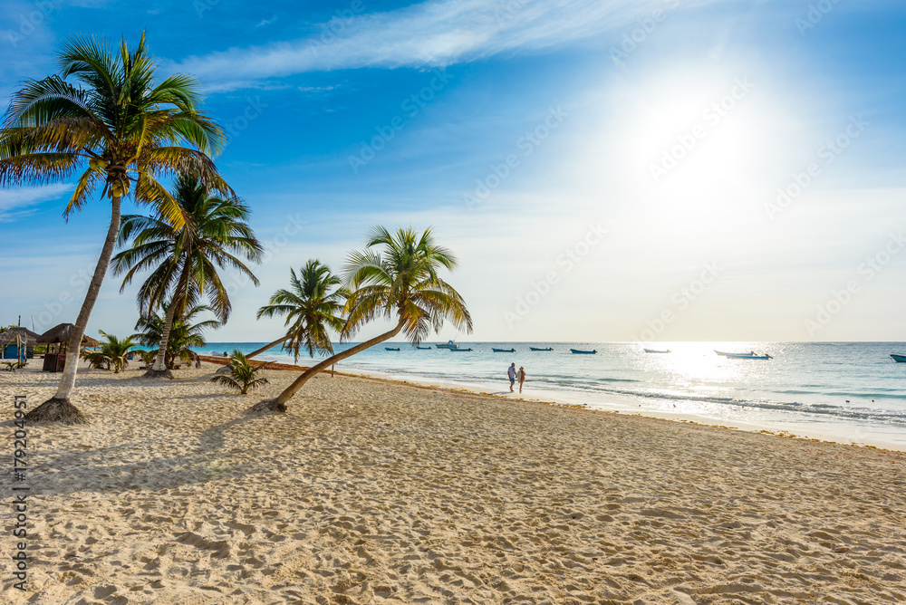 Naklejka premium Paradise Beach also called Playa Paraiso at Tulum - sunrise at beautiful and tropical caribbean coast of Tulum in Quintana Roo, Riviera Maya, Mexico