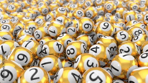 golden lottery balls stack background. 3d illustration photo