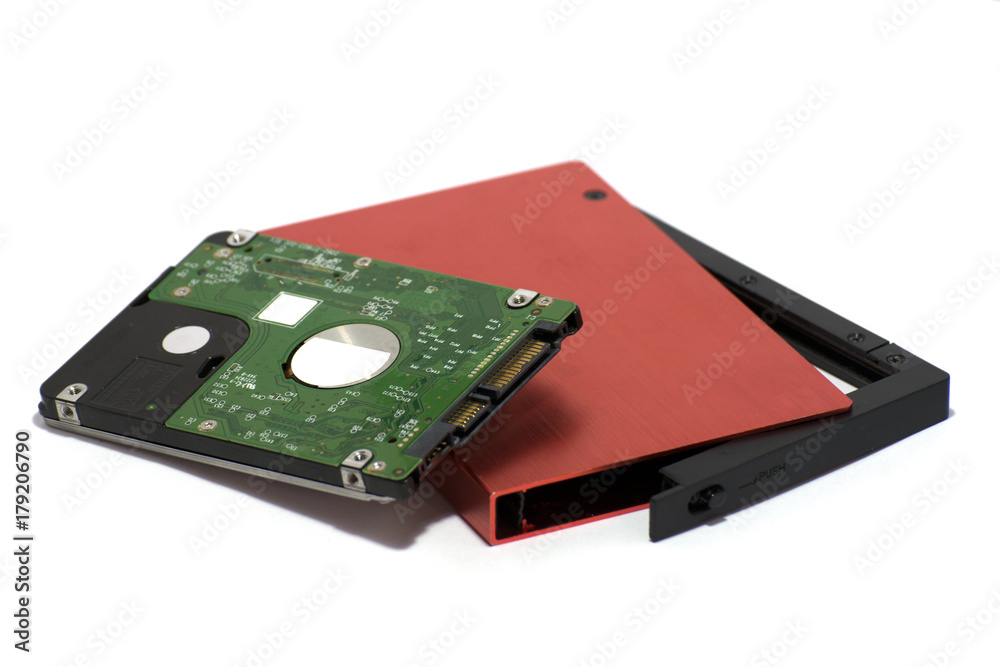 Laptop Hard disk 2.5 inch and red external hard disk box on white background. Laptop Hard disk 2.5 inch and red external hard disk box on white background.