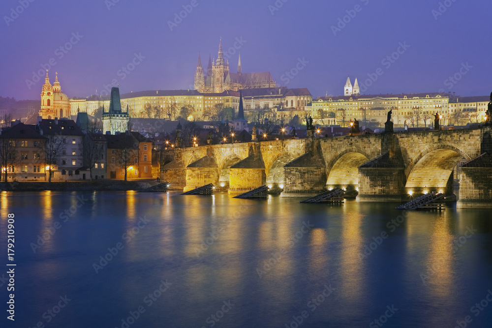 St. Vitus Cathedral, Charles Bridge and the Castle District illuminated at night, UNESCO World Heritage Site, Prague, Czech Republic, Europe St. Vitus Cathedral, Charles Bridge and the Castle District illuminated at night, UNESCO World Heritage Site, Prague, Czech Republic, Europe