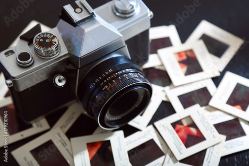 retro film camera and slides