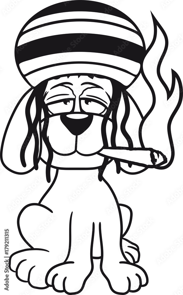 Obraz premium kiffer raggae jamaika hanf weed stoned kiffen rauchen joint bekifft welpe sitzen klein kind warten gehorsam lustig hund süß niedlich haustier comic cartoon