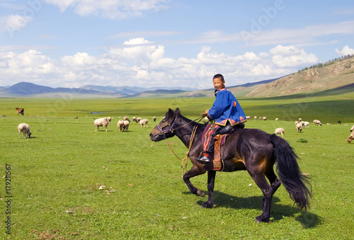 Boy riding a horse in a beautiful scenic view of nature. Fototapet
