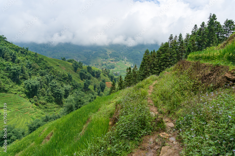 Hiking path with view from above on countryside mountain valley Hiking path with view from above on countryside mountain valley