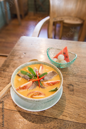 Thai style roasted duck in red curry soup.