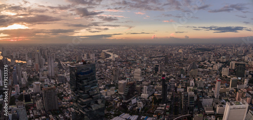 Bangkok City Skyline And Chao Phraya River At Dusk, High Aerial Panorama Shot