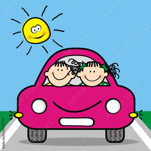 Happy kids at pink car, funny vector icon