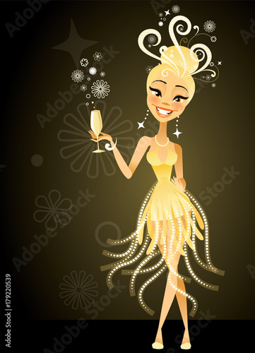 Pretty cartoon retro woman dressed up for the holidays and toasting with champagne glass on glowing background with stylish swirls and flowers