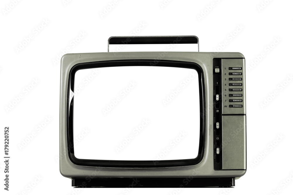 Old television with cut out screen isolated on white.