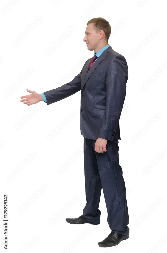 Handshake full-grown man isolated on white background, side view of person greeting gesture. Business man stretches out his hand forward to someone. Handshake full-grown man isolated on white background, side view of person greeting gesture. Business man stretches out his hand forward to someone.