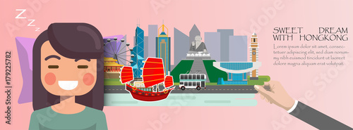Woman sleep . Sweet dream with Hongkong concept.China infographic