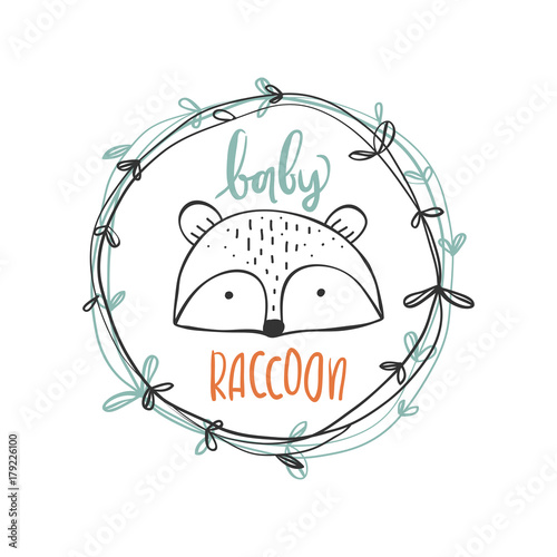 cute raccoon head with baby raccoon inscription in floral cute frame isolated vector illustration design for kids prints cards clothing textile