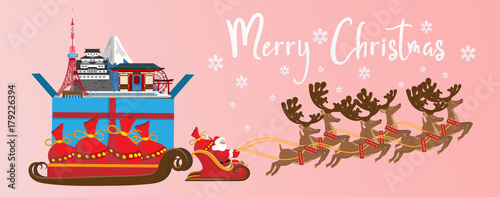 Merry Christmas and Happy New Year.Illustration of  Santa Claus with Japan landmarks in gift box.