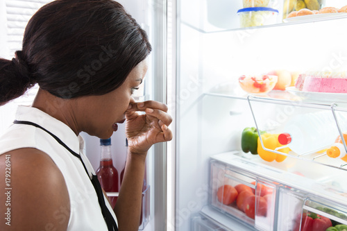 Woman Holding Her Nose Near Foul Food In Refrigerator