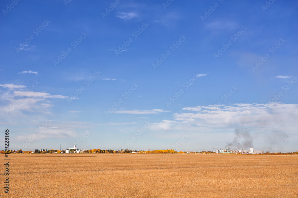 A golden harvested field with smoke from industrial buildings in a small town in the distance dotted with trees in a midday agricultural landscape