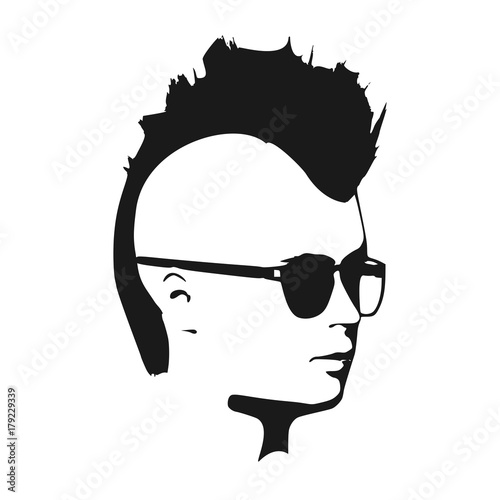 Man avatar half turn view. Male face silhouette or icon. Portrait with sunglasses. Mohawk hairstyle