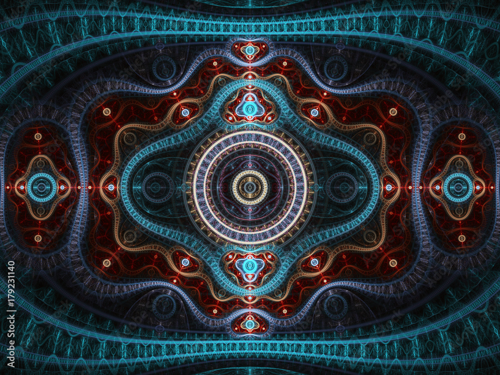 Fototapeta premium Red and blue fractal clockwork, digital artwork for creative graphic design