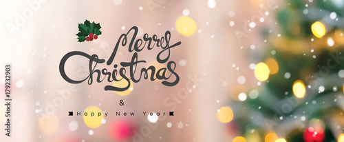 Merry Christmas and Happy New Year text on colorful bokeh background