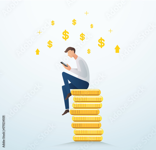 man holding smartphone sitting on gold coins, business concept of digital marketing vector illustration 