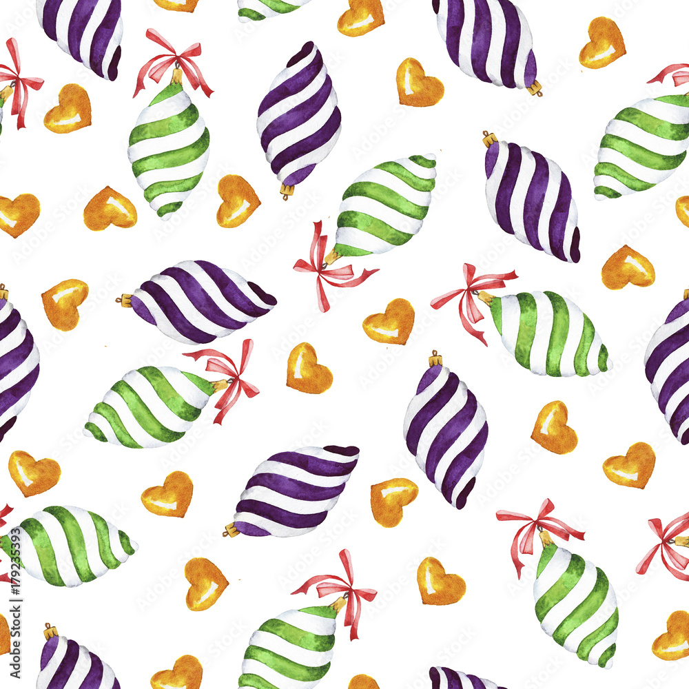 Seamless pattern with stripped christmas toys and bows on white background. Hand drawn watercolor illustration.
