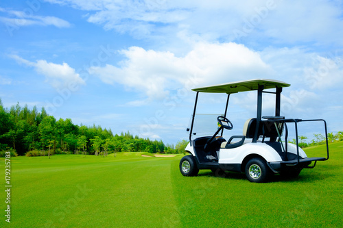 golf cart on green lawn with blue sky and cloud for background backdrop use