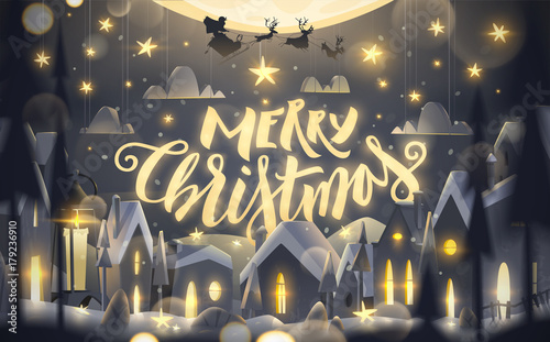 Merry Christmas greeting card in cartoon style. 