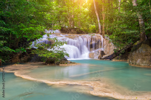 Amazing beautiful waterfalls level one in tropical forest at Erawan Waterfall in Erawan National Park, Kanchanaburi Province, Thailand
