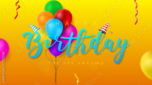 Happy Birthday Colorful Web Banner. Beautiful background with colorful balloons. Vector illustration with confetti and serpentine.