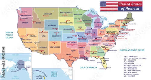 Obraz Stolice stanów i główne miasta Stanów Zjednoczonych Ameryki. Piękna nowoczesna grafika wektorowa Mapa USA. Alaska i Hawaje. Pastelowe odcienie.