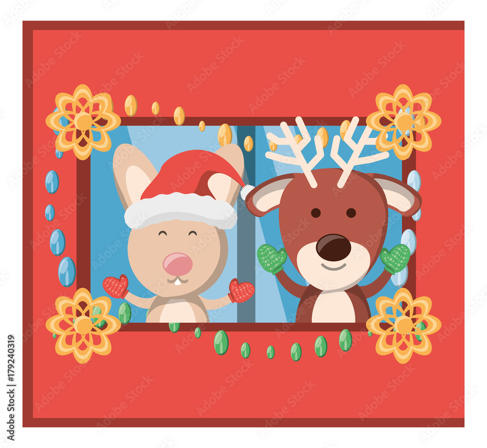 Fototapeta premium christmas pets at the window over red background colorful design vector illustration