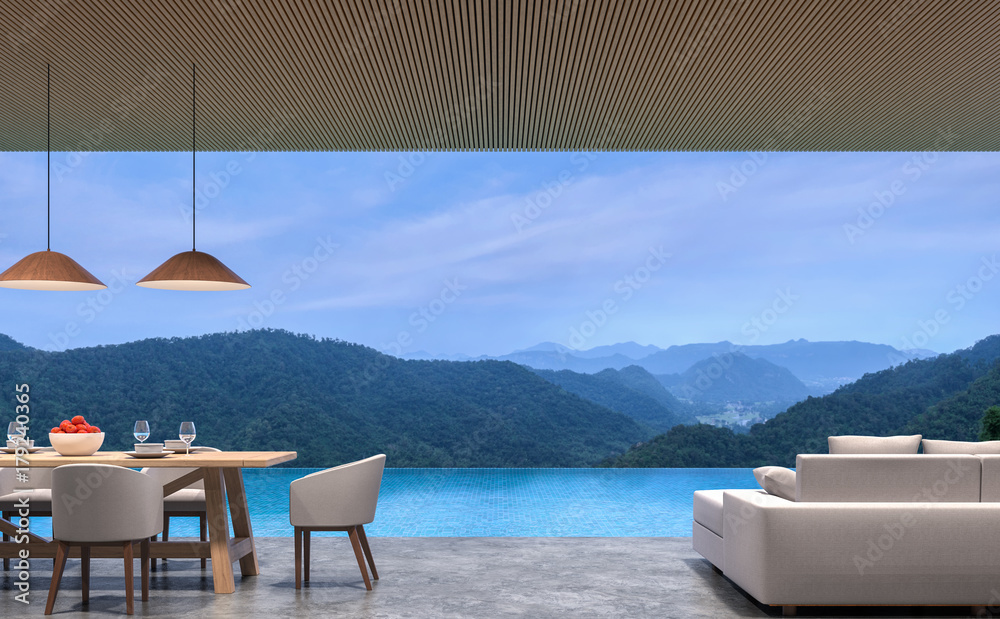 Fototapeta premium Loft style pool villa living and dining room with mountain view 3d rendering image.The room has polished concrete floor,wood lattice ceiling.Looking out to the mountains view.