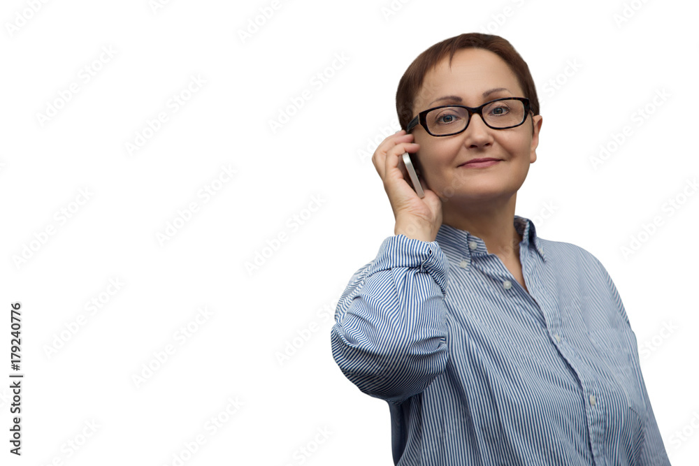 Business woman isolated on white background with a copy space on left . Portrait of middle aged office worker talking on phone.