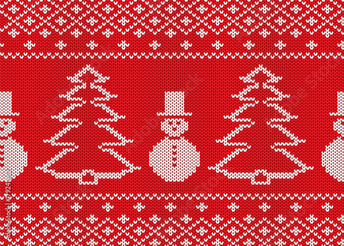 Knit christmas design with snowmen and christmas trees. Geometric knitted seamless pattern.