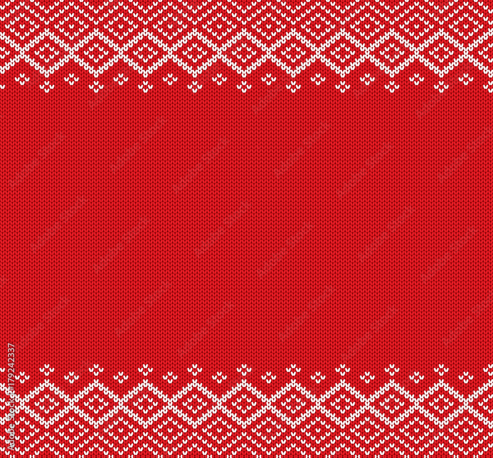 Holiday knitted geometric ornament with empty space for text. Knit christmas winter sweater design.