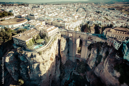 Ronda, Spain. Ancient Spanish city, top view. Photo from quadrocopter. Arena for bullfighting. Bullfighting.
