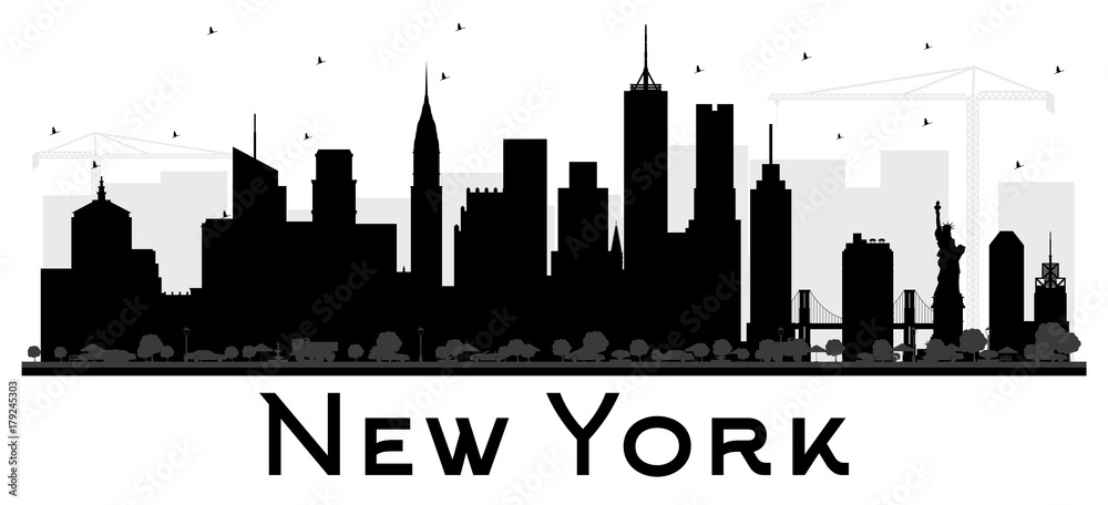 New York USA City skyline black and white silhouette.