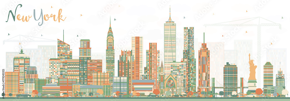 New York USA Skyline with Color Skyscrapers.