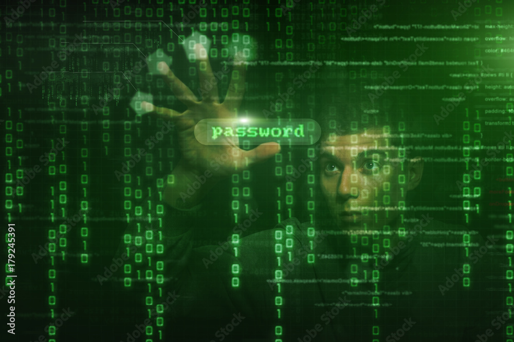 Hacker at work with graphic user interface around Hacker at work with graphic user interface around