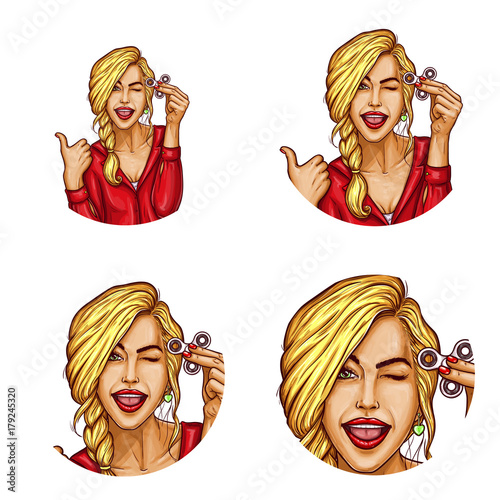 Set of vector pop art round avatar icons for users of social networking, blogs, profile icons. Young blonde girl, teenager holds a fidget spinner in her hand
