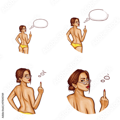 Set of vector pop art round avatar icons for users of social networking, blogs, profile icons. Young pin up sexy girl with brown hair turned her naked back and shows her middle finger