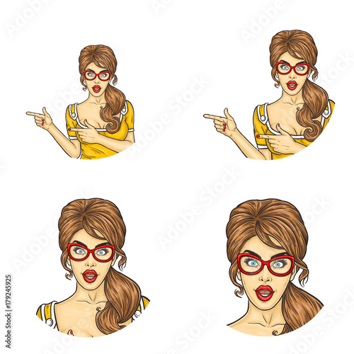 Set of vector pop art round avatar icons for users of social networking, blogs, profile icons. Young brunette girl in glasses shows somewhere with her index fingers