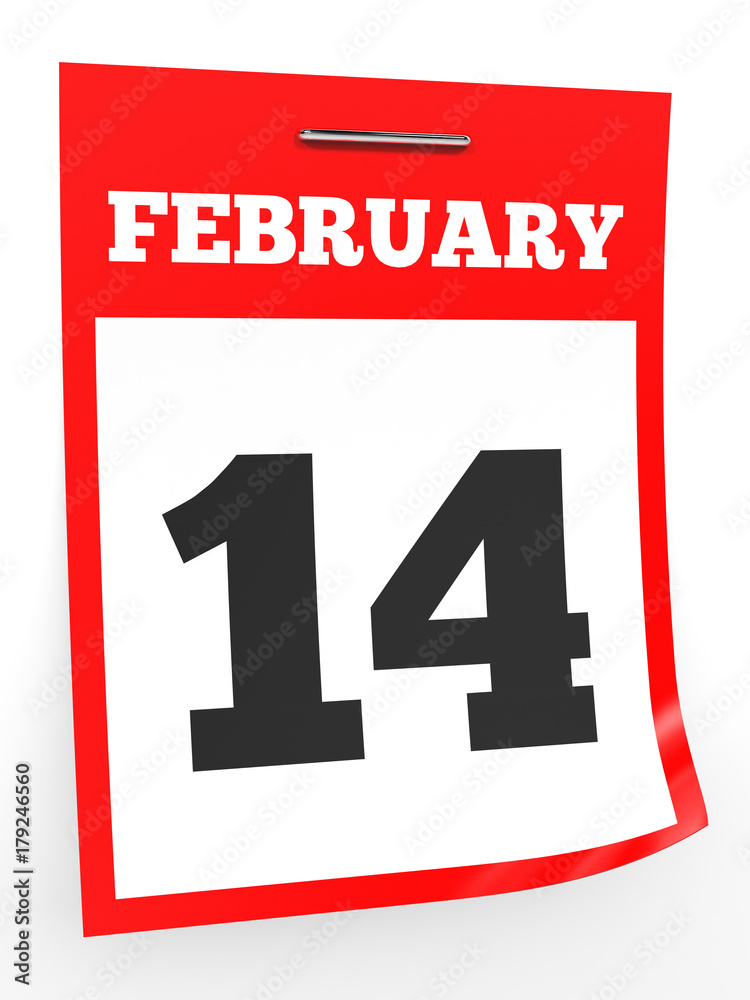 Fototapeta premium February 14. Calendar on white background.