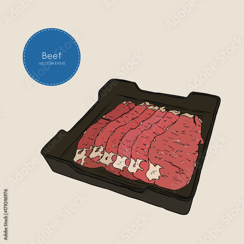 Raw beef meat sliced in tray. Vector Illustration