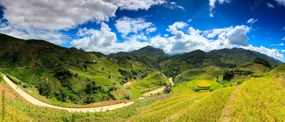 Panorama Rice fields on terraced in Sunset at Mu cang chai, Vietnam Rice fields prepare the harvest at Northwest Vietnam. Landscapes.