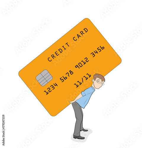 a small person is standing under the load of a credit card. concept of heavy credit conditions. vector illustration.
