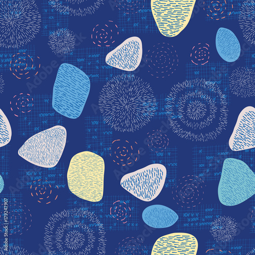 Seamless abstract pattern with strokes, circles, spirals on dark blue background